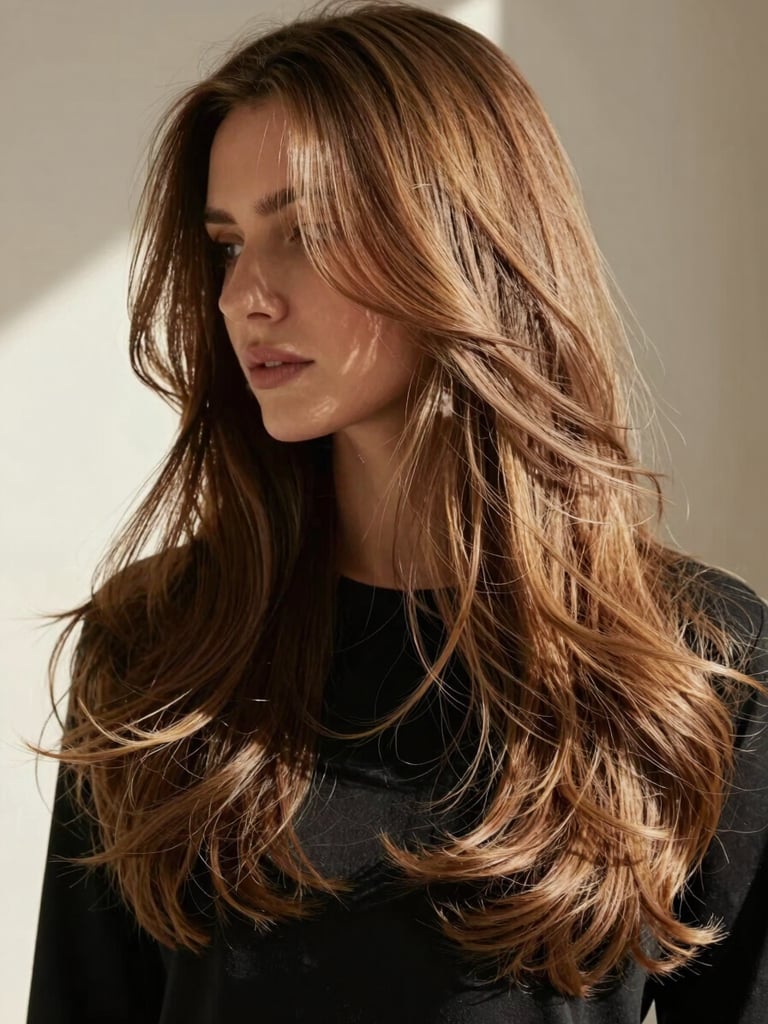 Portrait of a woman with long, flowing natural hair in soft north-facing daylight, looking away from the camera, highlighting the seamless volume and organic movement of the extensions.