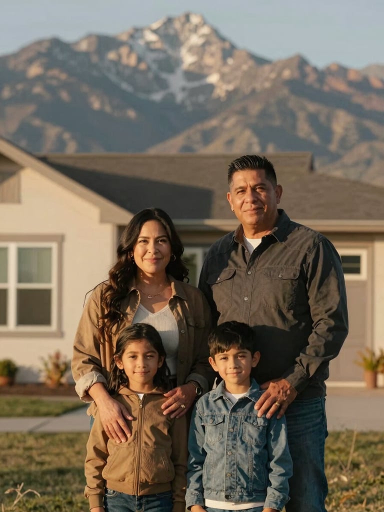 Close-up of a Hispanic family — parents and two children — standing on the front porch of a modern Utah home, Wasatch mountains in soft focus behind, golden hour light, warm and natural, no staging