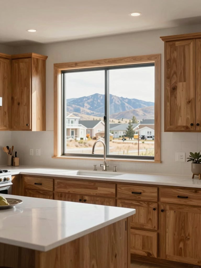 Bright modern kitchen interior of a new construction home in a Utah suburb, north-facing natural window light illuminating white quartz countertops and warm wood cabinets, wide architectural framing with mountain view glimpsed through the window