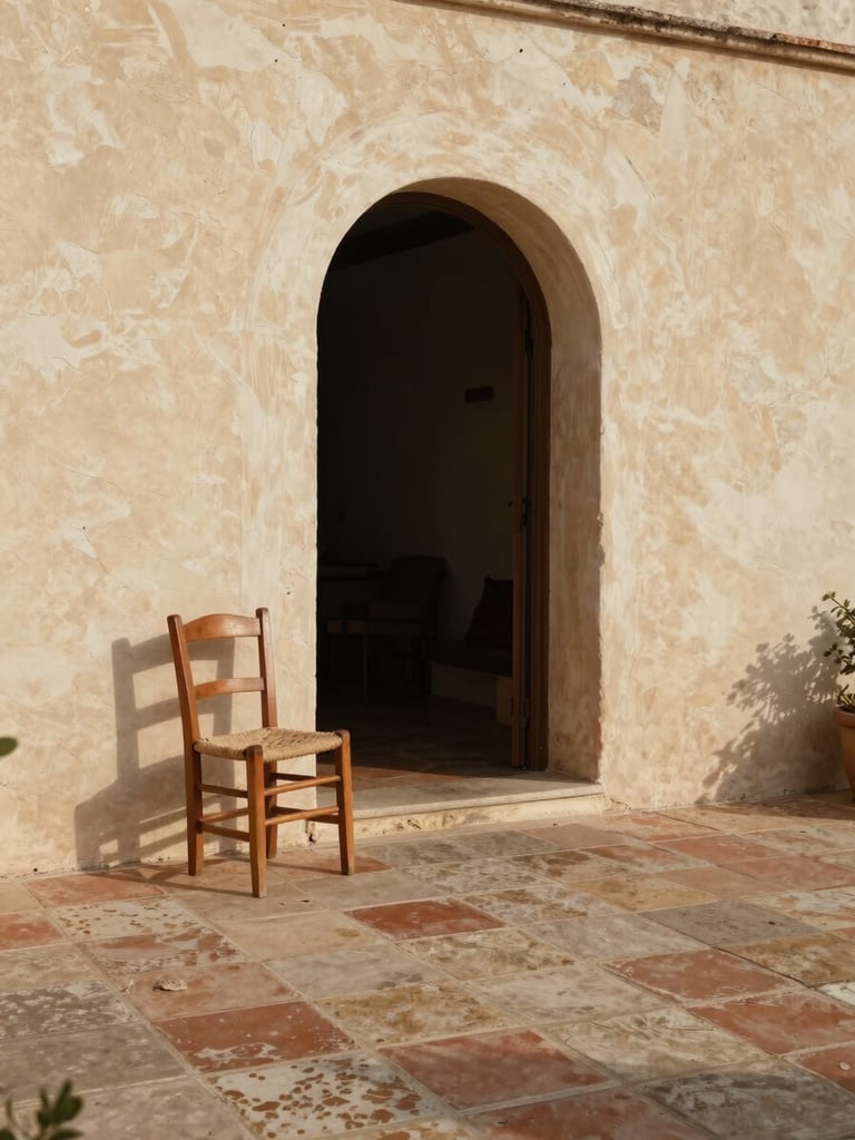 Wide portrait frame: a shaded stone terrace in the Mediterranean midday, a single wooden chair angled toward an arched doorway, worn terracotta floor tiles catching a sliver of diffused light from the left, rough plastered wall in warm cream, no people, still and quiet atmosphere, natural north-facing daylight, eye-level perspective