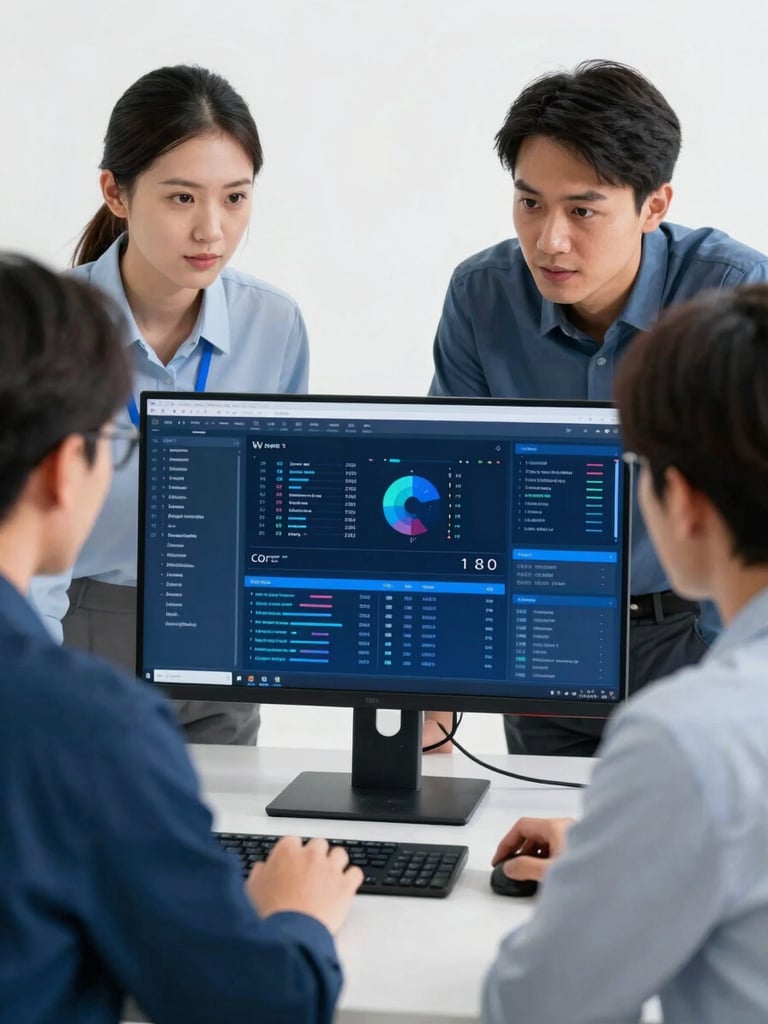 Sleek corporate technology photography, bright high-key studio lighting, close-up of a technical team collaborating around a monitor showing live campaign data, crisp cobalt blue accents, sharp focus, 35mm
