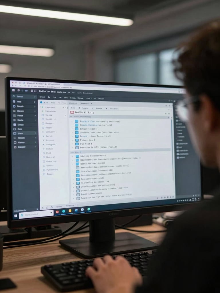 Over-the-shoulder shot of a developer at a wide monitor showing a terminal with build pipeline logs, cool overhead office light, dark IDE environment visible, keyboard in foreground