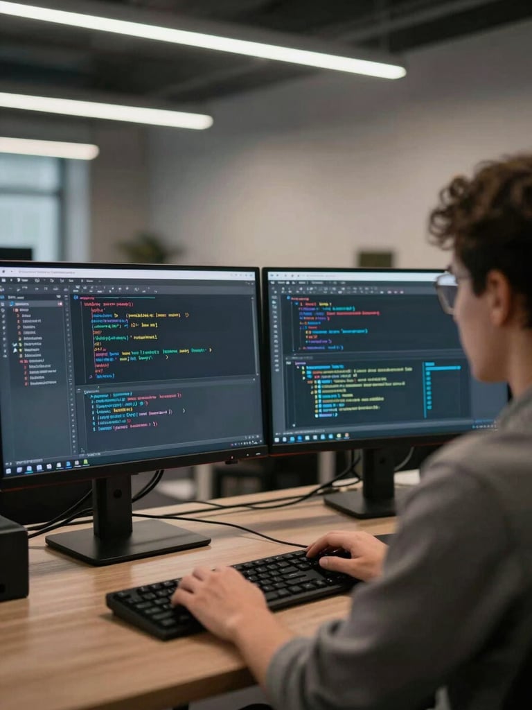 Wide over-the-shoulder view of a developer at a dual-monitor workstation, code editor and terminal logs visible on screens, cool overhead office lighting, keyboard in foreground