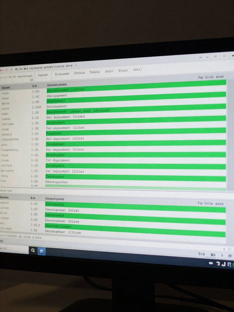 Close-up of a terminal screen showing a live deployment log with green success lines and timestamped output, cool monitor glow, dark background, no human faces