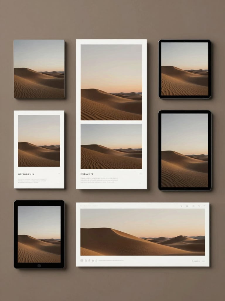 Wide flat lay of digital ad mockups arranged on a matte surface under controlled studio strobe light, multiple format sizes visible side by side — square, story, banner — tight crop showing pixel-precise crops and consistent color grading across formats