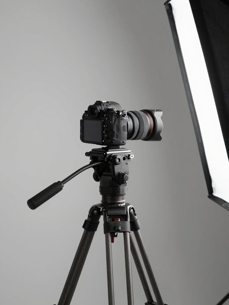 Production still of a product photography setup: camera on tripod aimed at a minimal surface, strobe softbox visible at frame edge, product in sharp focus under daylight-balanced light, cables and grip equipment visible — tight environmental shot showing working set