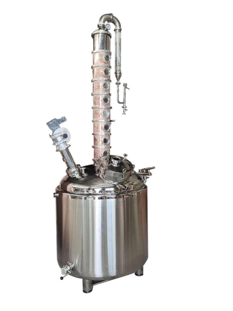 Industrial stainless steel still with copper bubble plate column for professional distillery equipment.