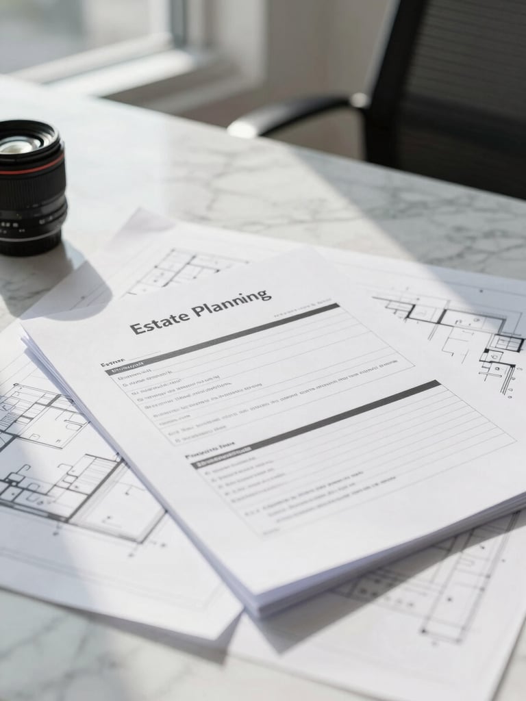 Close-up of structured estate planning documents and architectural blueprint on a clean marble table, crisp details, sunlit office, 35mm lens