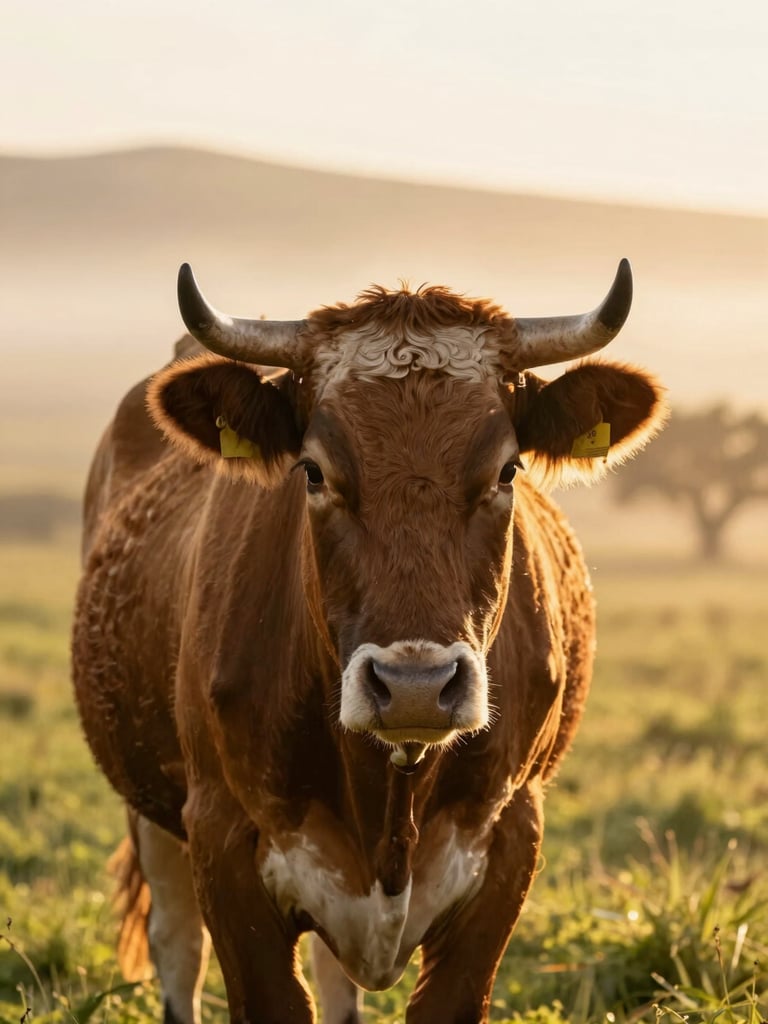 A close-up portrait of a Shorthorn cow in a sun-drenched California pasture, soft morning mist in the background, warm golden-hour light, shallow depth of field, 35mm editorial photography