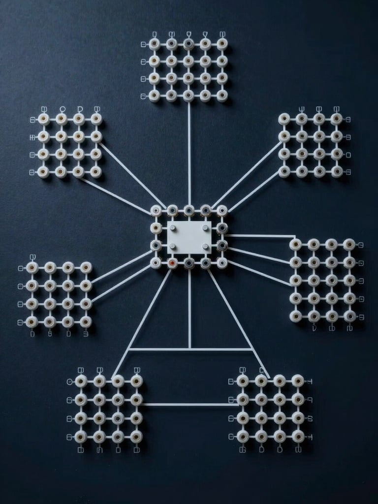 Overhead view of a precise technical network topology diagram on a dark navy surface, clean white connector lines linking labeled node clusters, cool studio light flattening all detail, minimal shadow, institutional schematic aesthetic