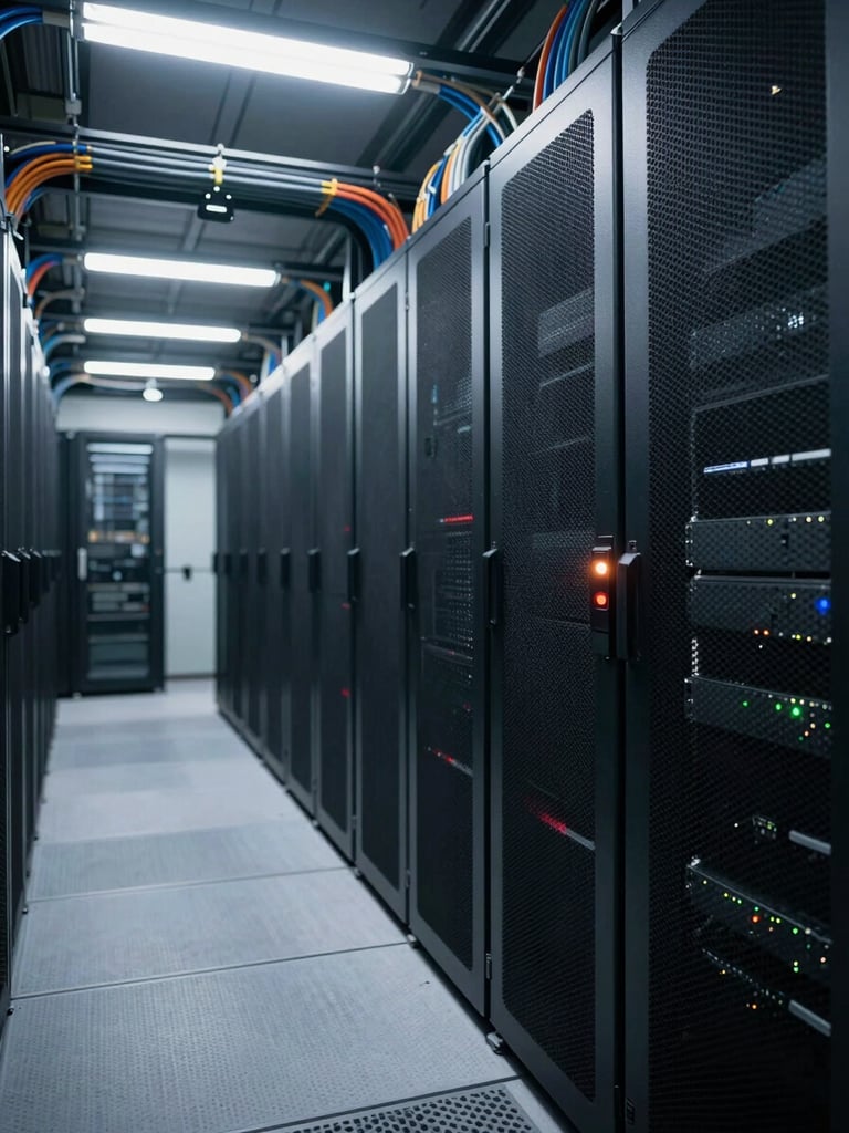 Wide shot of a Hong Kong data center corridor at dawn — rows of server racks receding into cool fluorescent light, cable bundles in precise overhead trays, shallow depth of field isolating a single blinking status indicator in the foreground