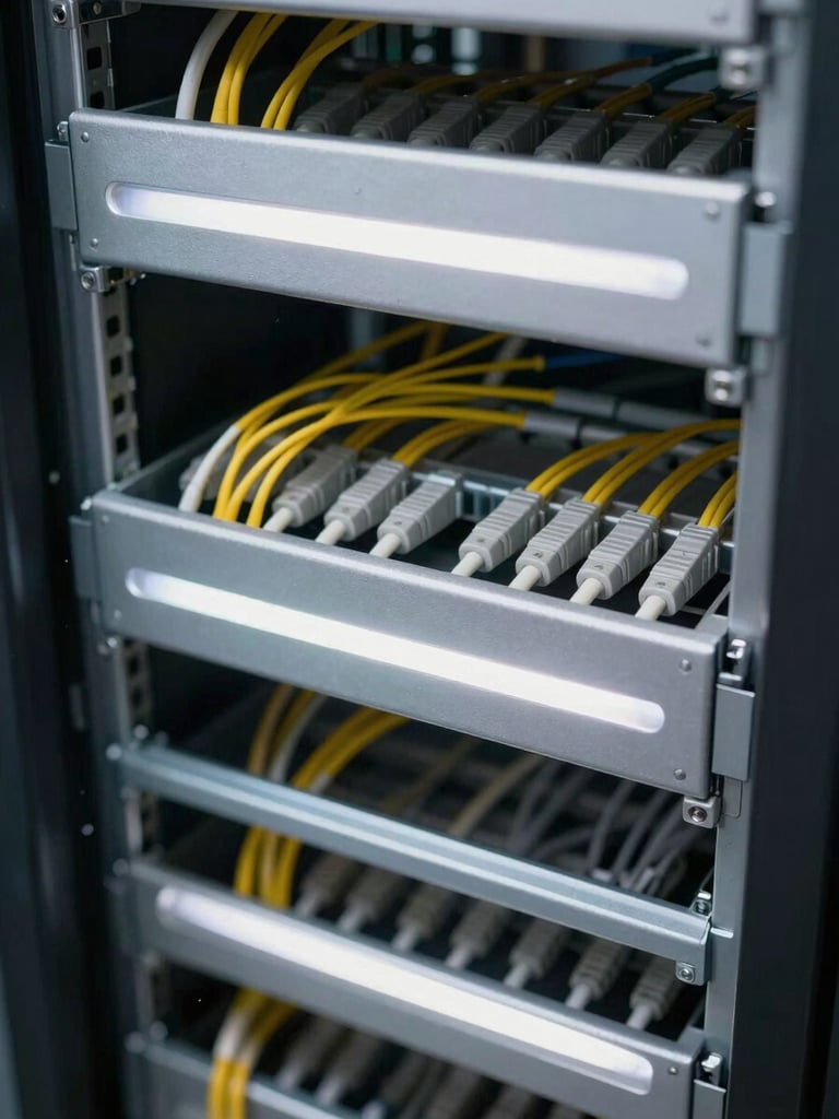 Overhead close-up of structured network cabling inside an enterprise data center rack, cool-white fluorescent lighting casting sharp shadows between cable trays, institutional gray steel chassis visible beneath dense fiber bundles, shot with shallow depth of field isolating the front cable management panel