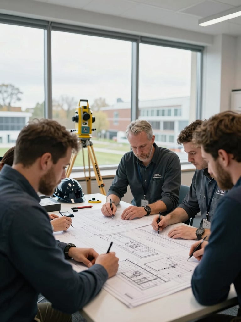 Interior shot of the GRAY ENGINEERING AND DESIGN LLC office in London, Kentucky, showing engineers reviewing blueprints at a large table under natural window light, with surveying equipment visible in the background, a branded hardhat on a desk. crisp documentary photography, bright overcast daylight, cool slate and natural tones, sharp focus, 35mm lens