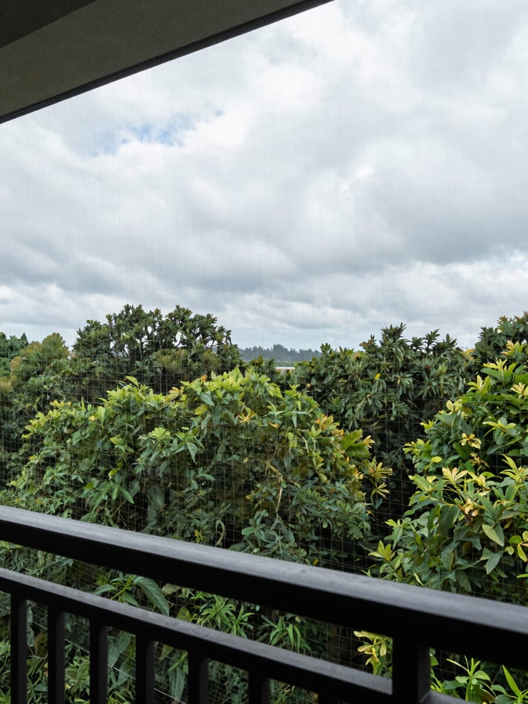 Environmental wide shot from a balcony looking outward, thin invisible netting threads barely catching the light across the frame, open sky and green tree canopy beyond, overcast natural daylight, netting visible only as faint lines against the view — the view dominates the frame