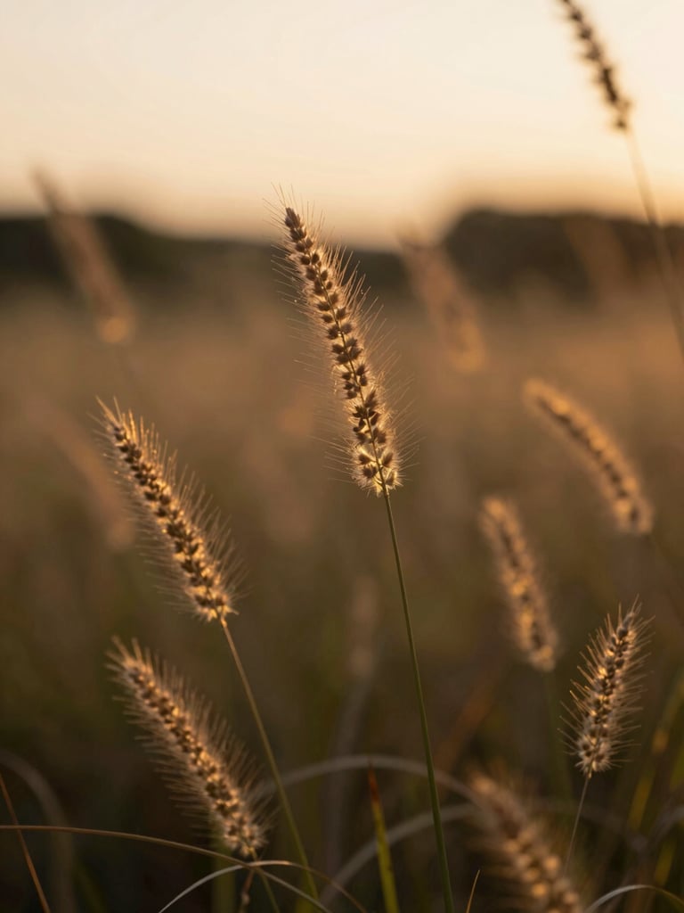 Close-up of wild grass seedheads glowing in soft sunset golden-hour light, shallow depth of field, peaceful nature background.