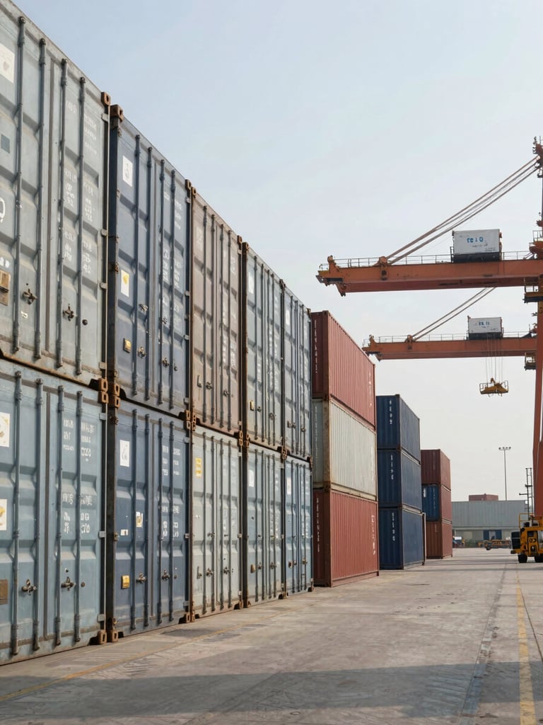 Wide environmental shot of a container terminal at daylight — rows of stacked steel containers receding into the distance on the left, a gantry crane arm visible upper right, clear sky, documentary framing from ground level