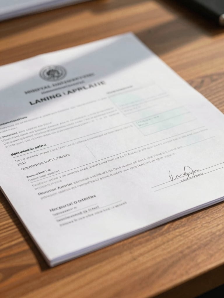 A close-up of legal land title documents and municipal approval stamps on a warm wooden desk, soft natural Indian sunlight casting long shadows.