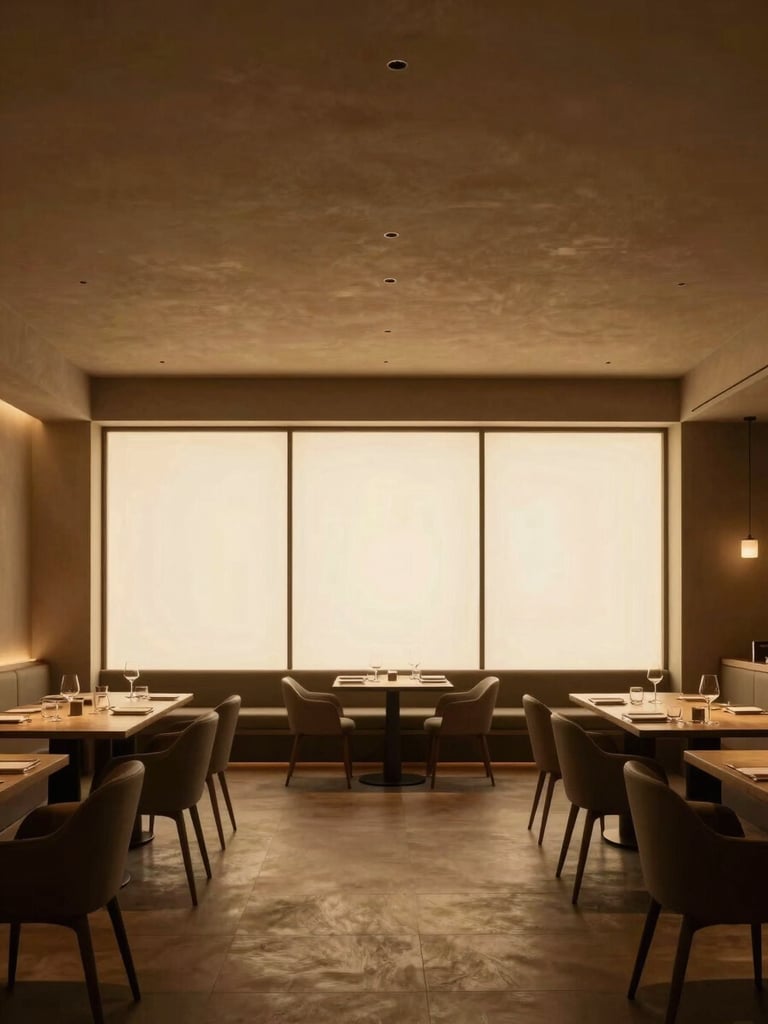 Minimalist architectural wide angle of an empty luxury restaurant interior before service, soft diffused window light, warm golden tones, 35mm.