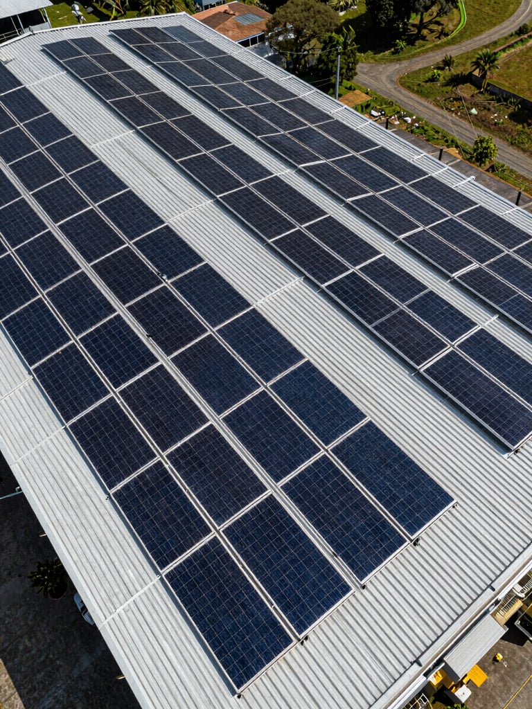 Aerial drone shot of a massive industrial metal roof in Colombia covered with neat rows of monocrystalline solar panels under bright, direct sunlight, sharp geometric shadows.