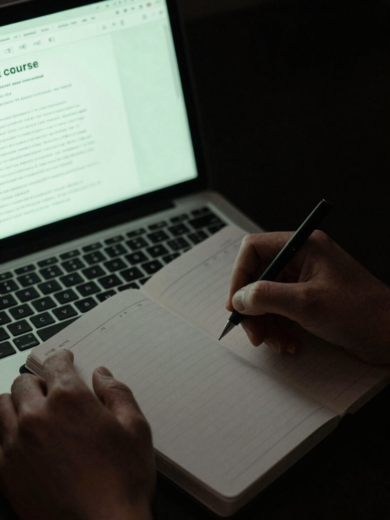 Close-up of hands writing notes in a sleek, dark notebook beside an open laptop displaying a course module, subtle moss green backlighting, moody studio lighting, 35mm.