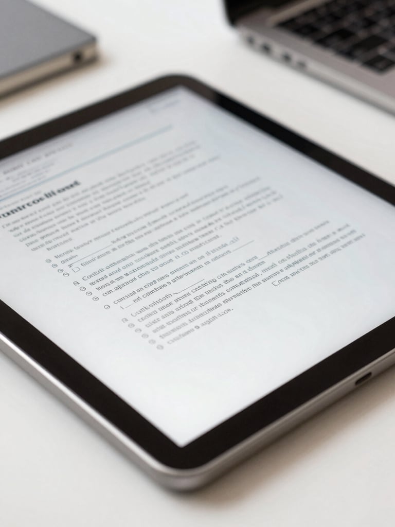 Macro shot of a modern clean workspace with a digital tablet showing contract documents, bright natural daylight, crisp focus