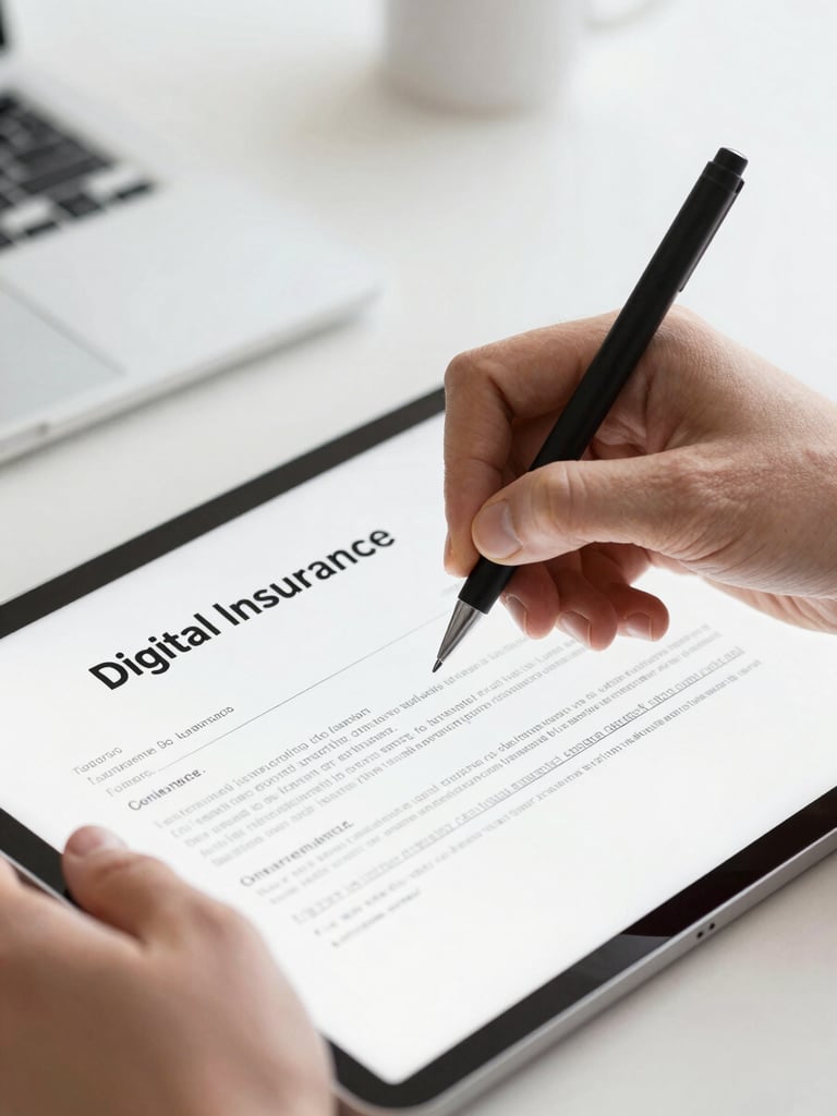 Macro shot of hands signing a digital insurance contract on a modern tablet, clean workspace, bright daylight