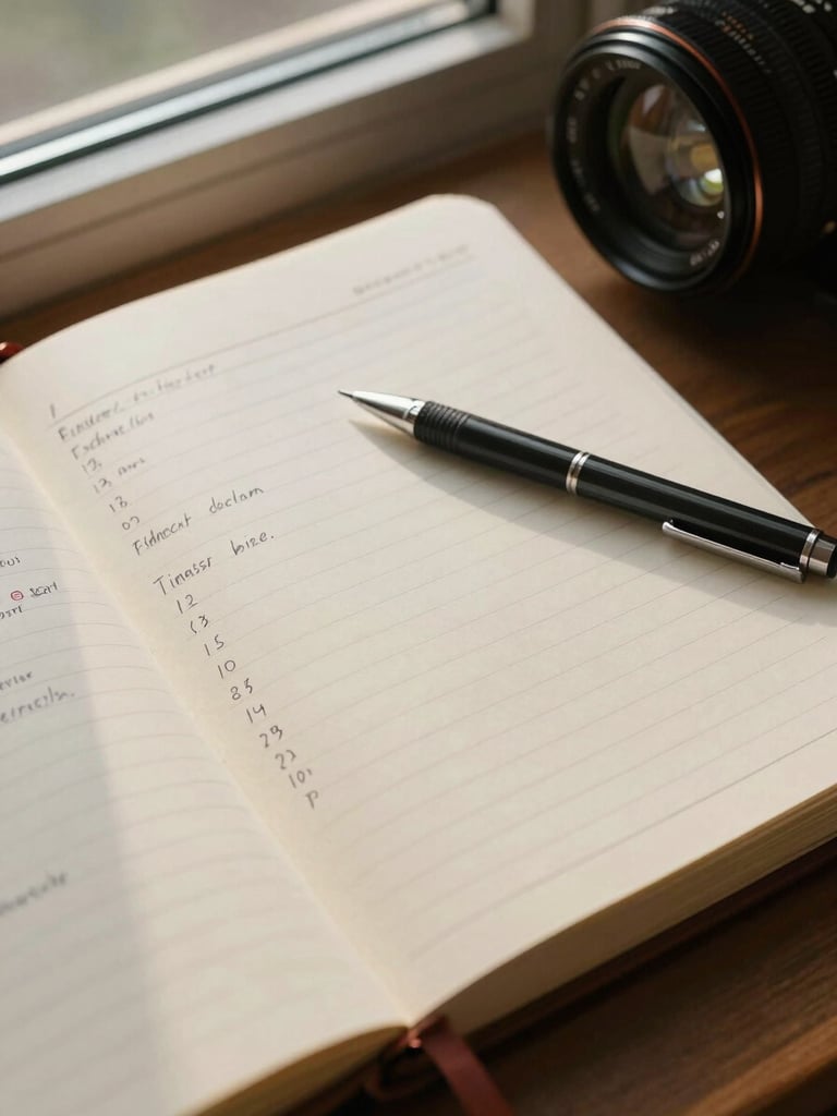 Overhead detail of an open financial planning binder with handwritten margin notes, a mechanical pencil resting on the page, soft north-facing window light, warm cream paper tones