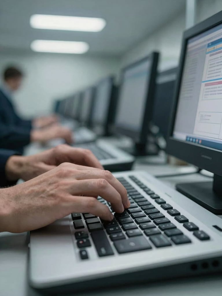 Close-up of hands operating a secure workstation keyboard inside a hardened facility, cool even overhead lighting, classified terminal interface partially visible on screen, tight controlled framing with no faces visible