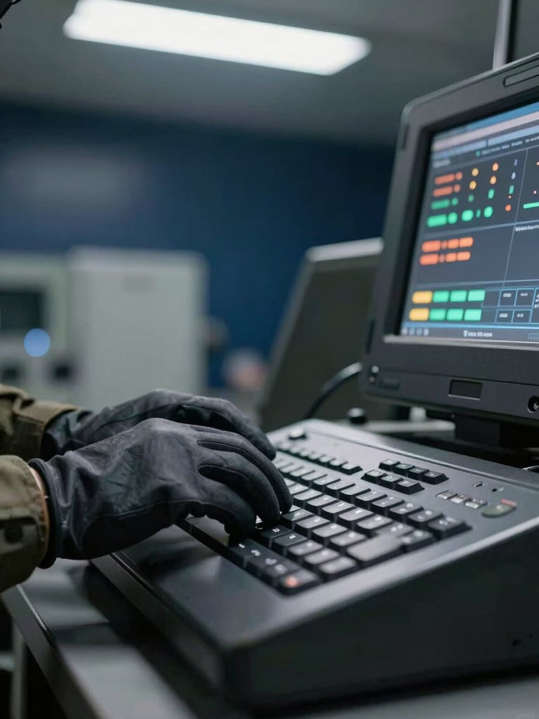 Tight close-up of gloved hands operating a hardened military-grade terminal keyboard in a classified facility, cool overhead fluorescent lighting, matte black hardware and status indicator lights visible, deep navy ambient background