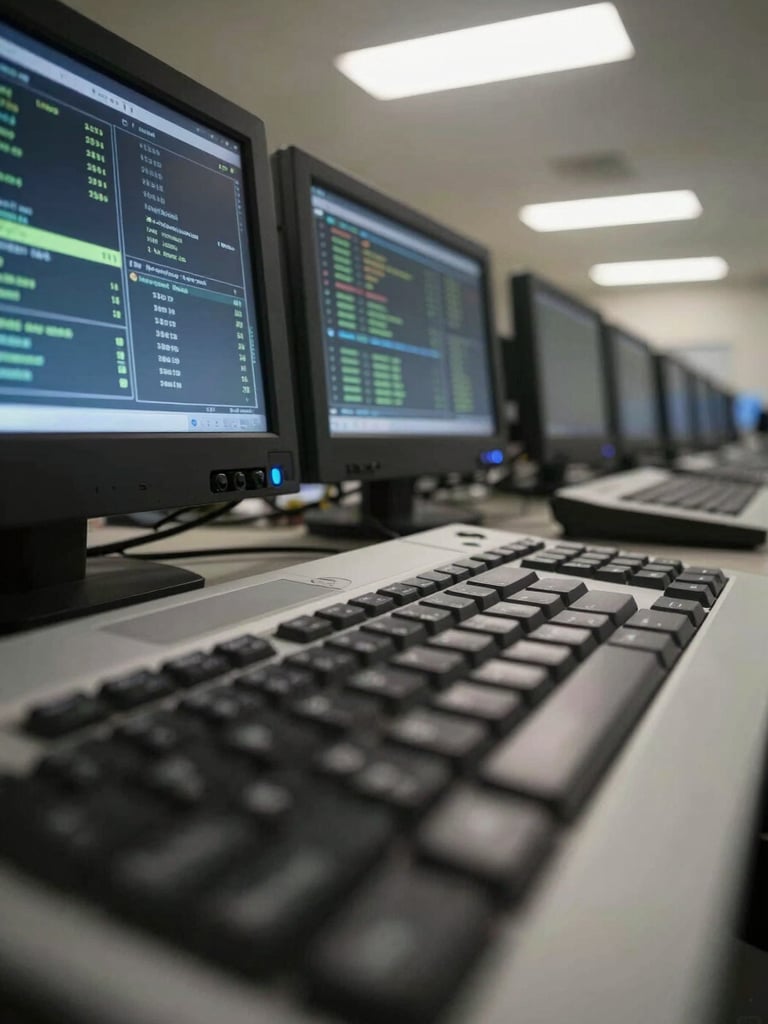 Close-up overhead view of a secure workstation keyboard and classified terminal screens glowing under cool, even overhead fluorescent light in a hardened facility, tight framing, no people visible