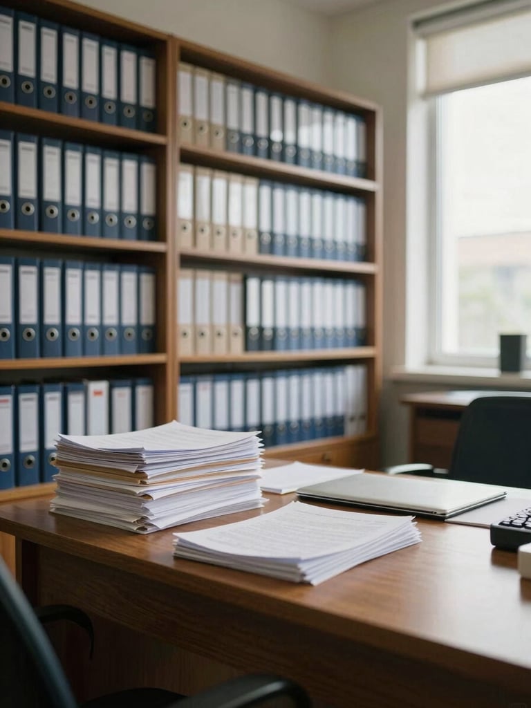 Wide office interior shot from the left side, orderly rows of document folders on shelves in the background, a wooden desk with neatly stacked papers and a closed ledger in the foreground, natural daylight entering from a window on the right, muted institutional atmosphere