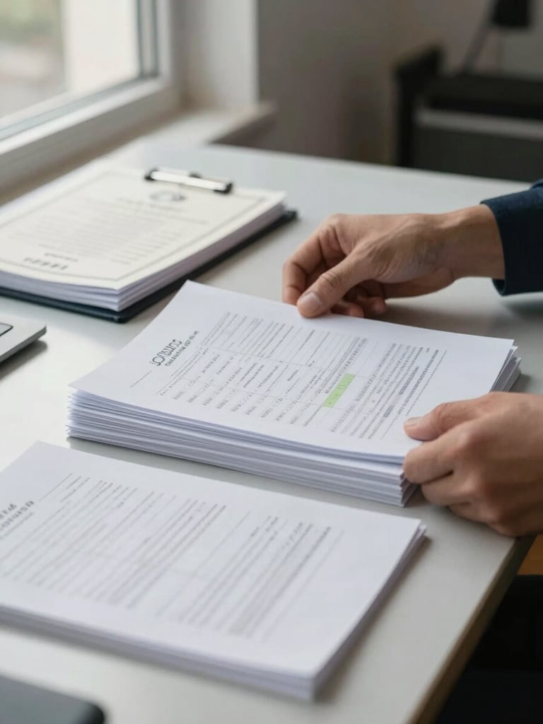 Close-up of hands carefully organizing printed financial documents on a clean institutional desk, natural window light from the left, papers aligned in neat stacks, a pen resting beside a certification folder, no faces visible, muted documentary tone