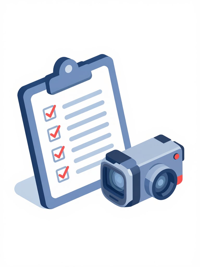 A clean isometric vector illustration of a checklist on a clipboard next to a digital video camera, subtle red and blue accents, bright even studio lighting, modern tech aesthetic