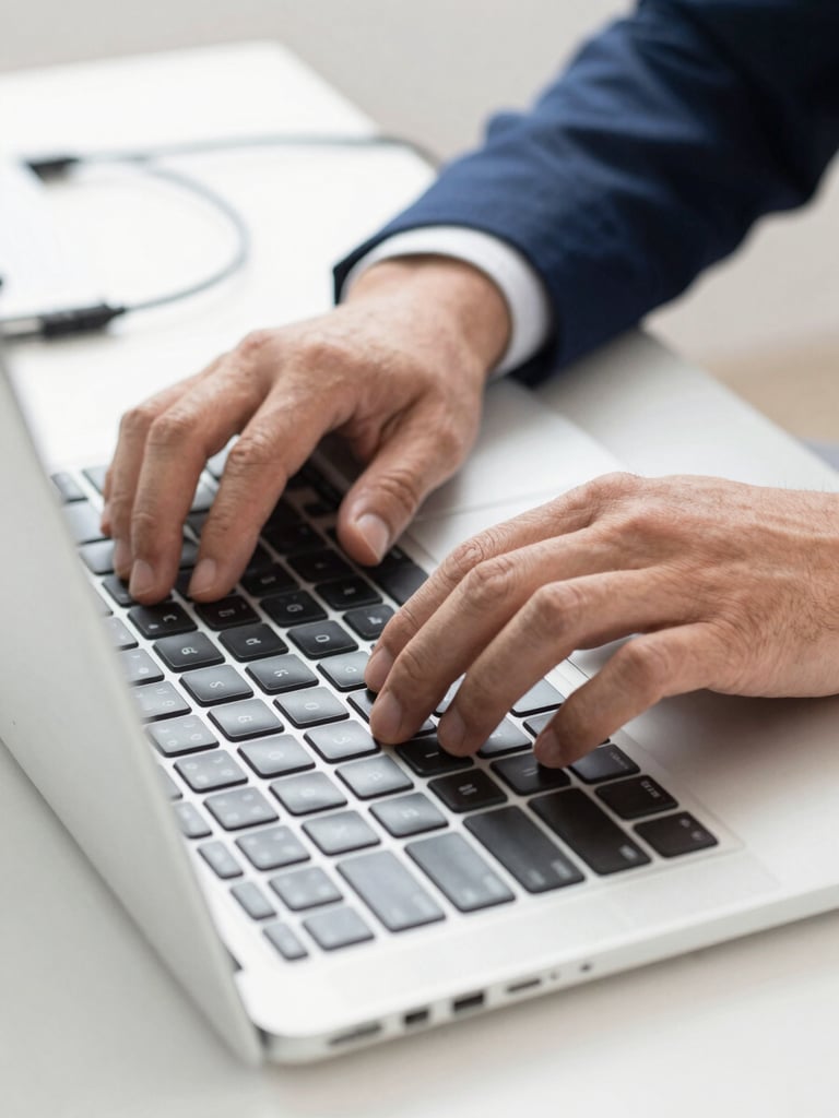 Close-up of hands working on a laptop keyboard, clean modern desk, bright daylight, subtle network cables in the background.