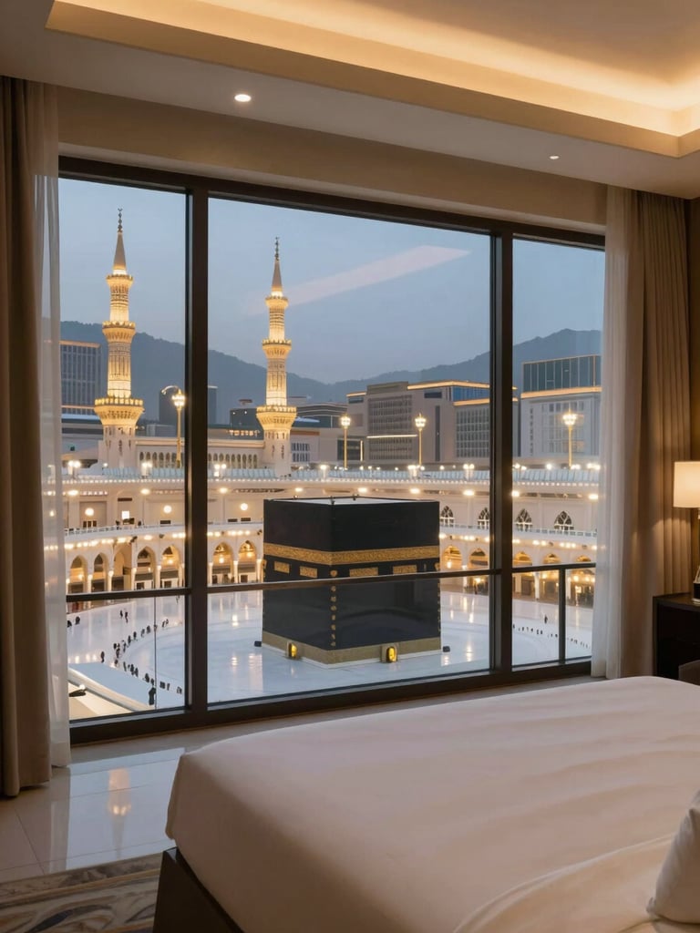 Interior of a serene five-star hotel room overlooking Makkah, wide shot from inside the room through floor-to-ceiling glass, the illuminated Masjid al-Haram visible close in the distance at dusk, soft warm ambient lighting inside, crisp white linens on the bed in the foreground, calm and spacious composition