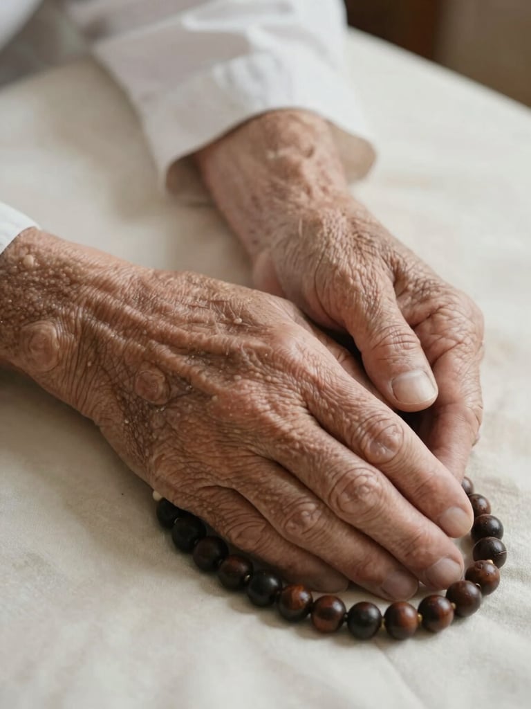 Close-up portrait framing of an elderly man's hands resting on prayer beads against a softly lit ivory fabric surface, diffused morning light, calm and unhurried atmosphere, tight compositional focus on texture and stillness