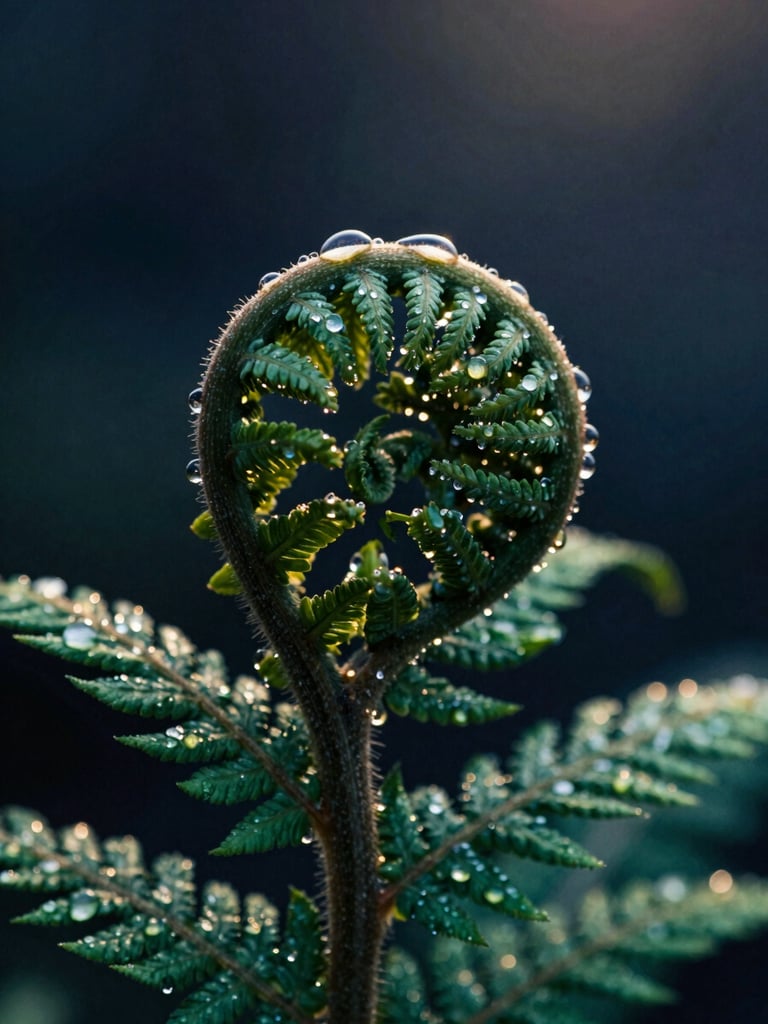 Extreme macro close-up of the perfect spiral geometry of a green fern leaf, dew drops sparkling under golden hour morning light, National Geographic style, high-contrast, 35mm.