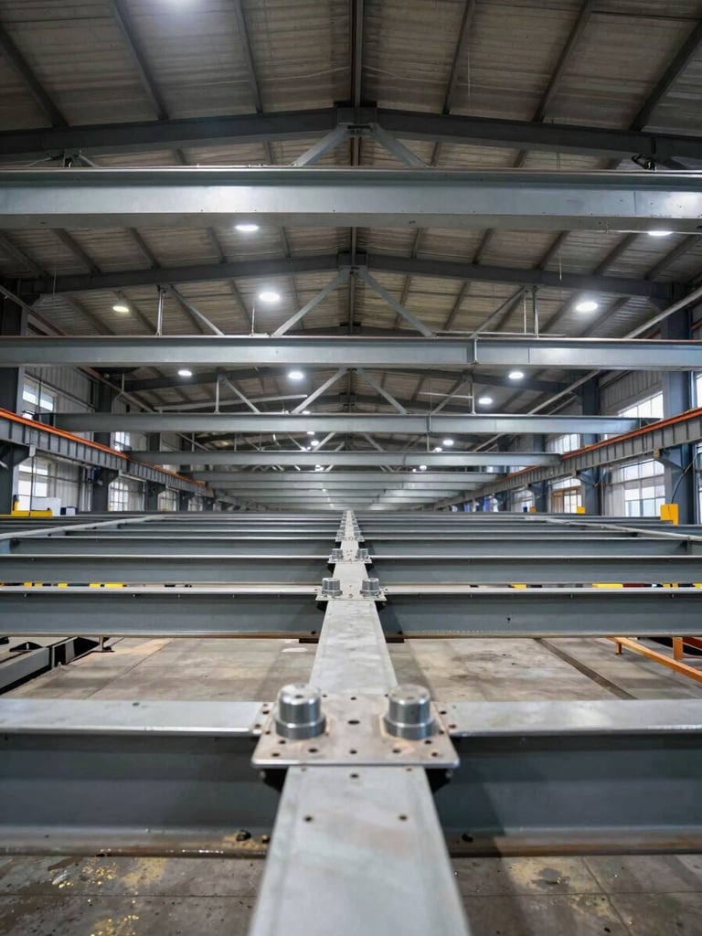 Wide-angle view from below a completed structural steel span inside an industrial warehouse, tungsten-lit ceiling trusses receding into depth, welded connection plates visible in sharp foreground detail, no workers, evidence of precision fabrication