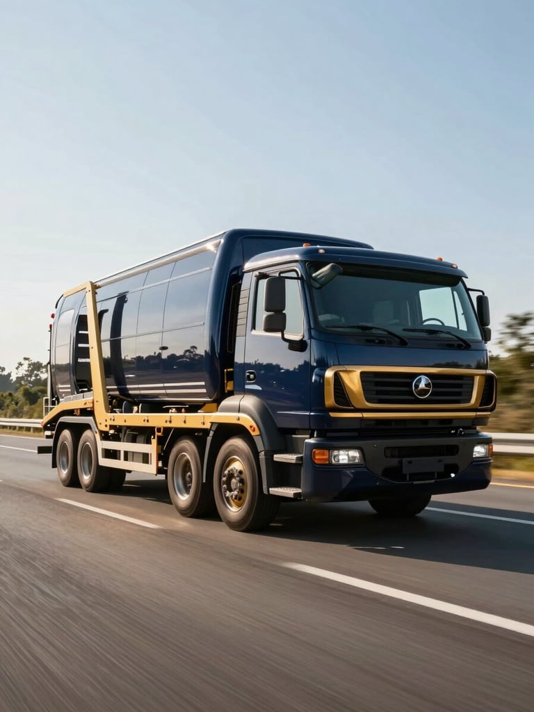Dynamic low-angle shot of a modern auto transport truck driving on a multi-lane highway, pristine vehicle being carefully transported, bright daylight, deep navy and warm gold tones, crisp focus, 35mm lens
