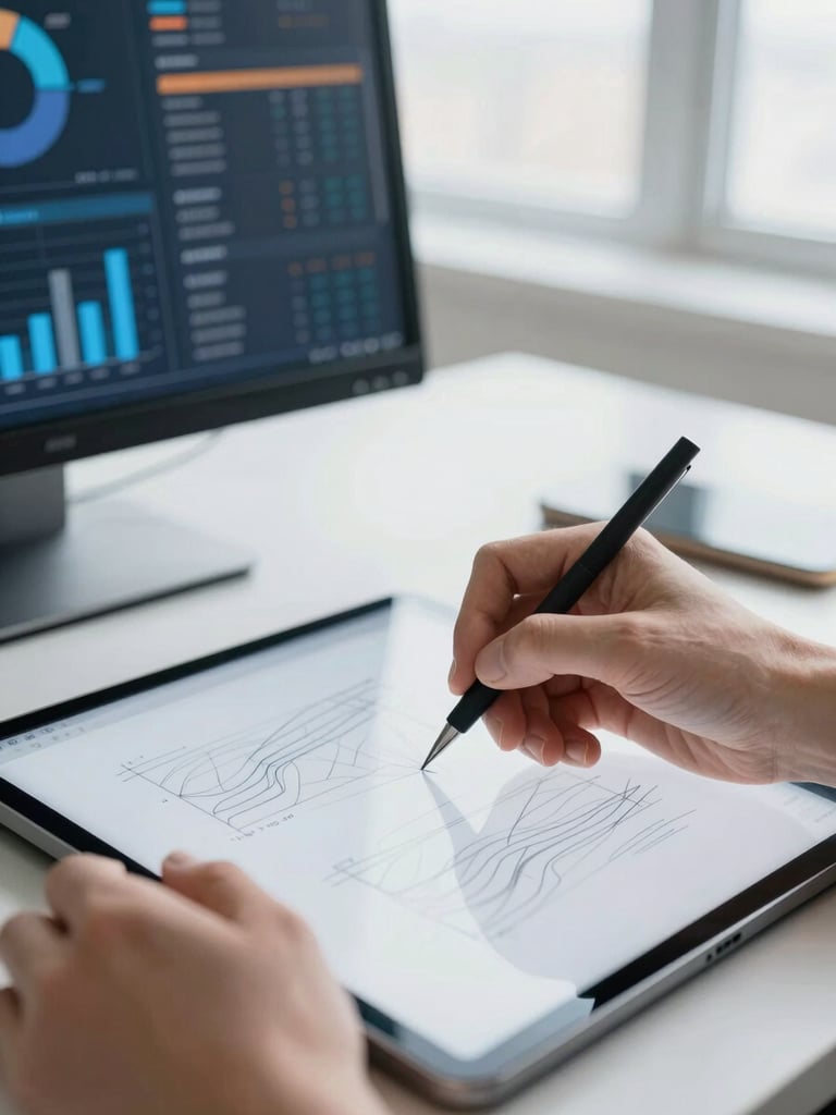Close-up of hands sketching wireframes on a tablet, digital marketing analytics dashboard visible on a monitor in the background, clean modern workspace, bright natural window light, crisp blue accents, shallow depth of field, 35mm