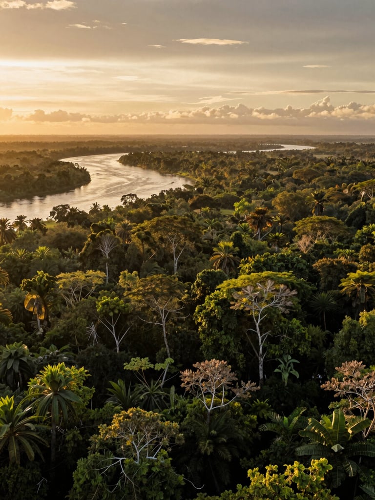 Wide panoramic view of Wanagon Gold territory at golden hour — dense Papua forest canopy stretching to the horizon, a winding river catching last light in the left third, overcast amber sky above, low horizon line, no people, no structures