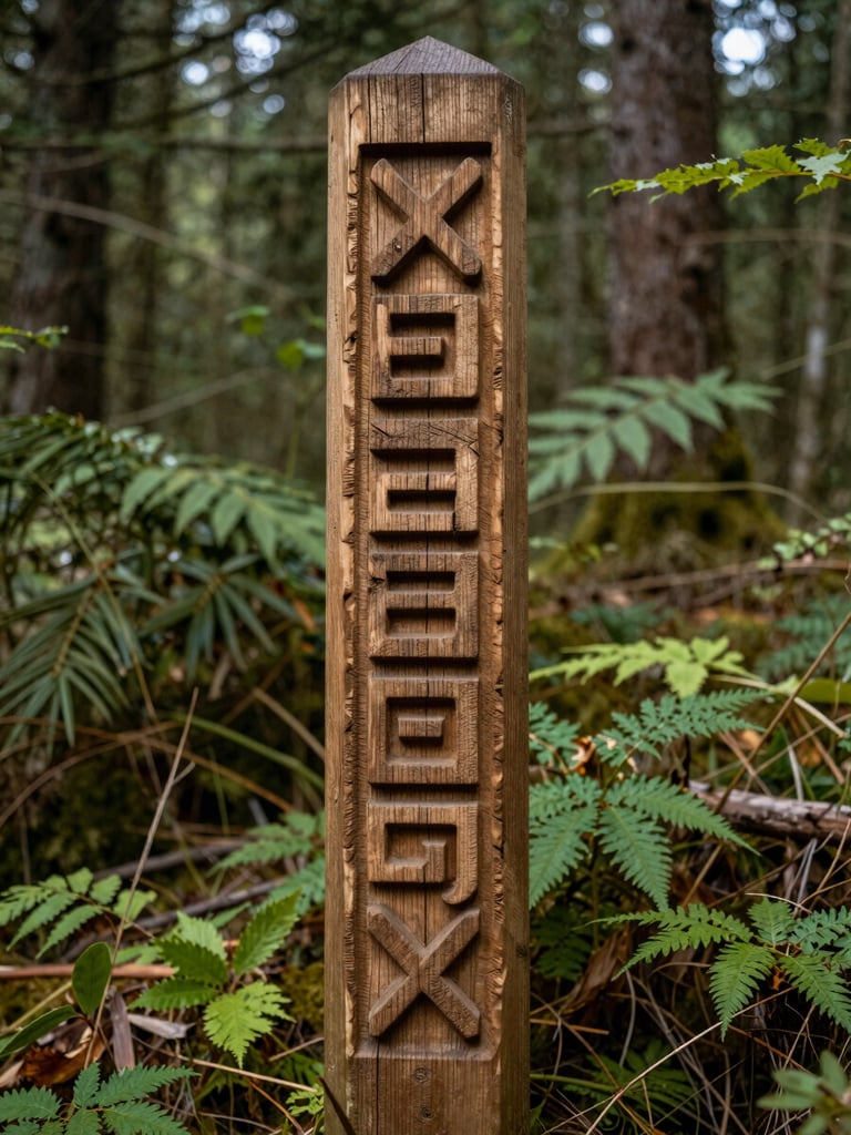 Close ground-level view of a territorial boundary marker in the Wanagon forest, carved wooden post with ancestral geometric motifs, dense undergrowth behind, natural overcast daylight, no people, documentary framing