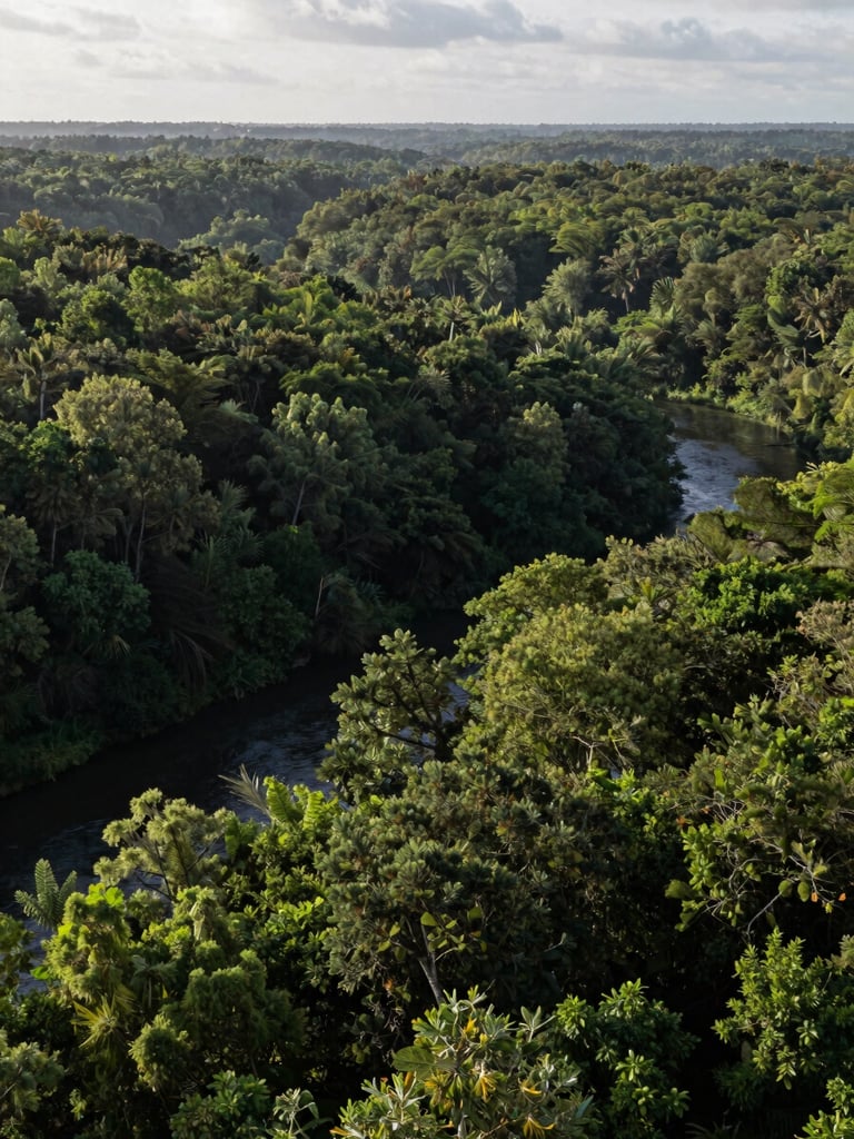 Wide panoramic shot of dense Wanagon forest canopy stretching to the horizon under overcast morning light, a narrow river visible in the lower left third, deep greens layered to the horizon, no human figures