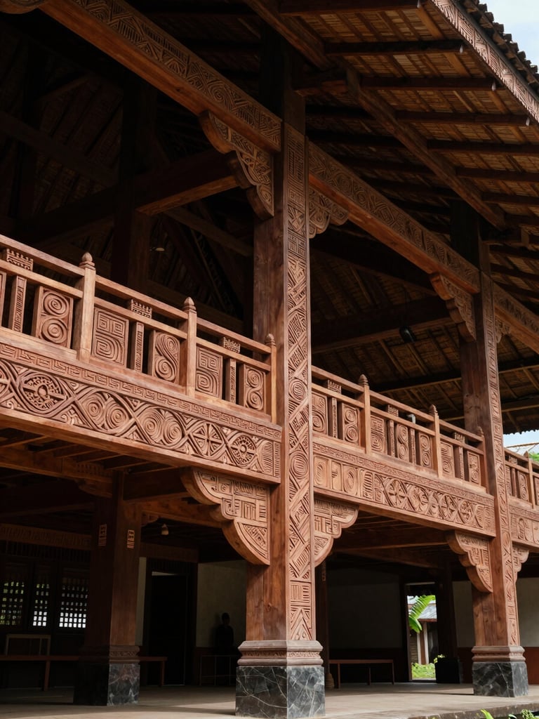 Close architectural detail of a traditional Papuan community council structure, carved wooden beams with ancestral geometric motifs, natural daylight from above, no people, documentary framing emphasizing governance space