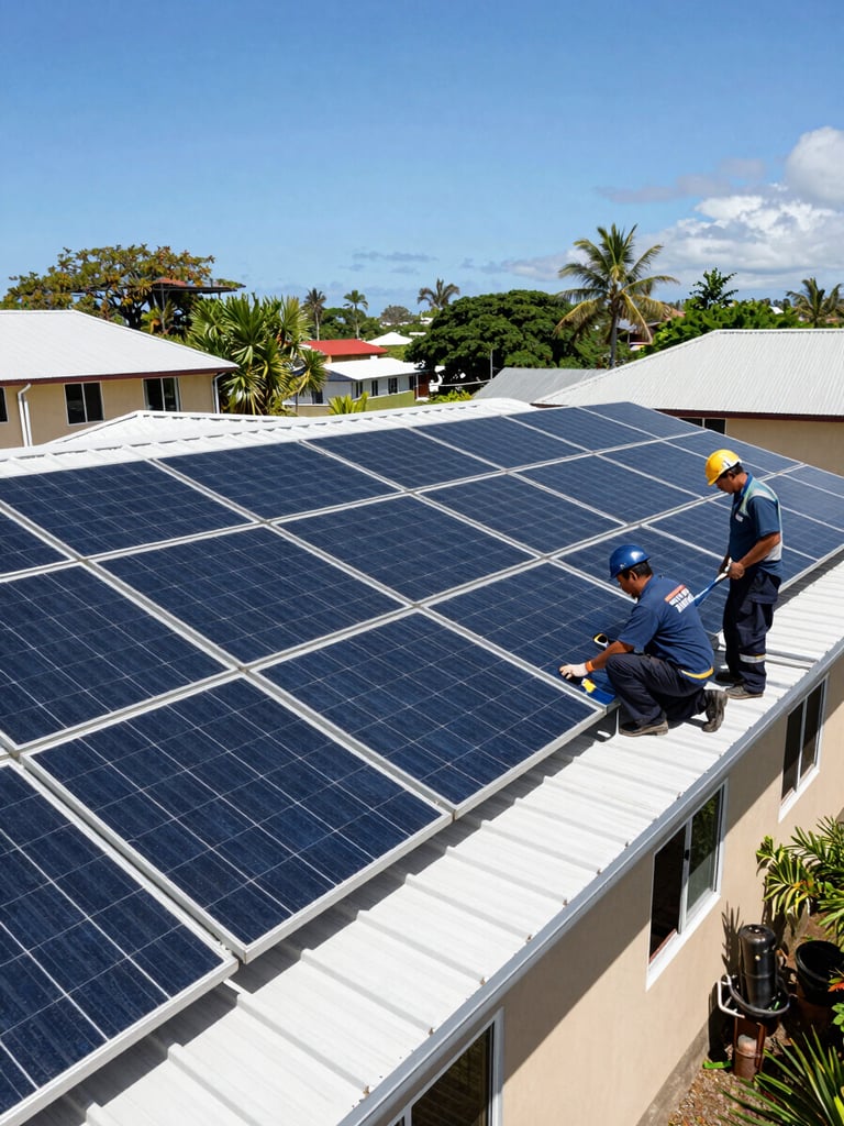 Bright daylight environmental shot of a solar panel installation on a community building roof in Fiji, local technicians working together, wide angle.