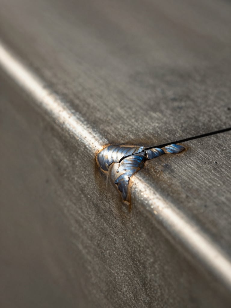 Macro close-up of a metal seam on a fabricated panel, natural north light raking across the surface to reveal the texture and precision of the weld, warm gray tones, no people