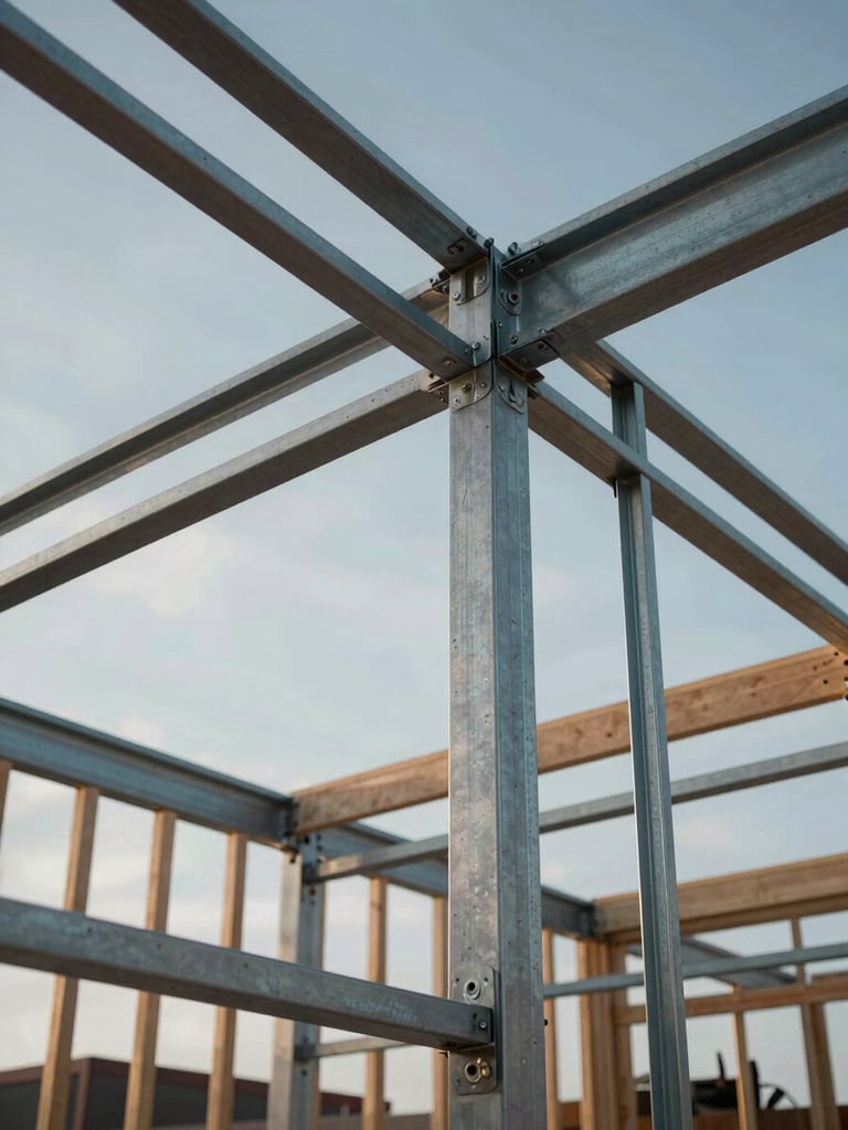 Low angle looking up at a partially assembled pavilion frame, raw steel joints and timber beams mid-construction, cool north light filtering through structural gaps, no people