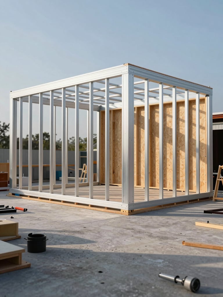 Wide low-angle view of a branded pavilion structure mid-installation, raw aluminum frame and timber cladding at human scale, natural north light reading every surface seam, empty foreground of concrete floor, tools and material off to one side