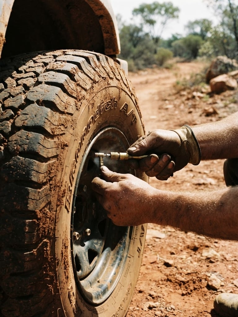 Close-up shot under harsh outback sunlight of hands airing down a mud-splattered 4WD tire on a dusty red-dirt track, gritty editorial photography, deep earthy tones