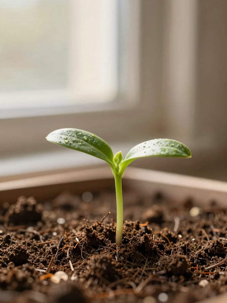 Close-up of a green seedling sprouting from rich brown soil, soft morning sunlight, shallow depth of field, organic and hopeful tone